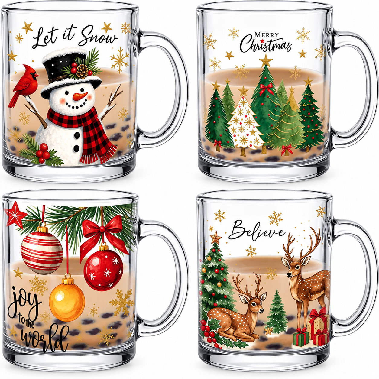 4 Pieces Christmas Glass Coffee Mugs