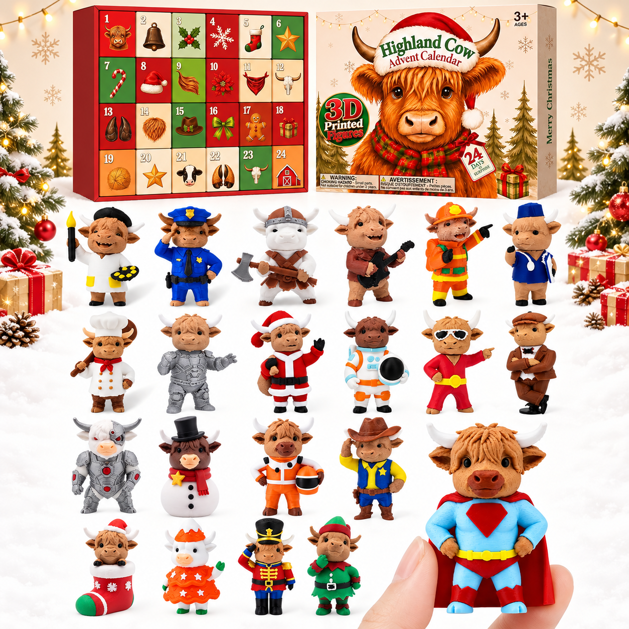 Christmas Highland Cow 3D Printed Toy Advent Calendar for Kids and Adults