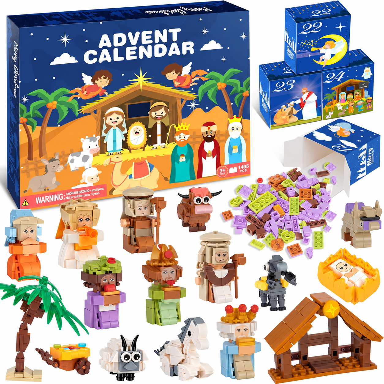Nativity Christmas Building Blocks Advent Calendar Countdown Set for Kids and Adults