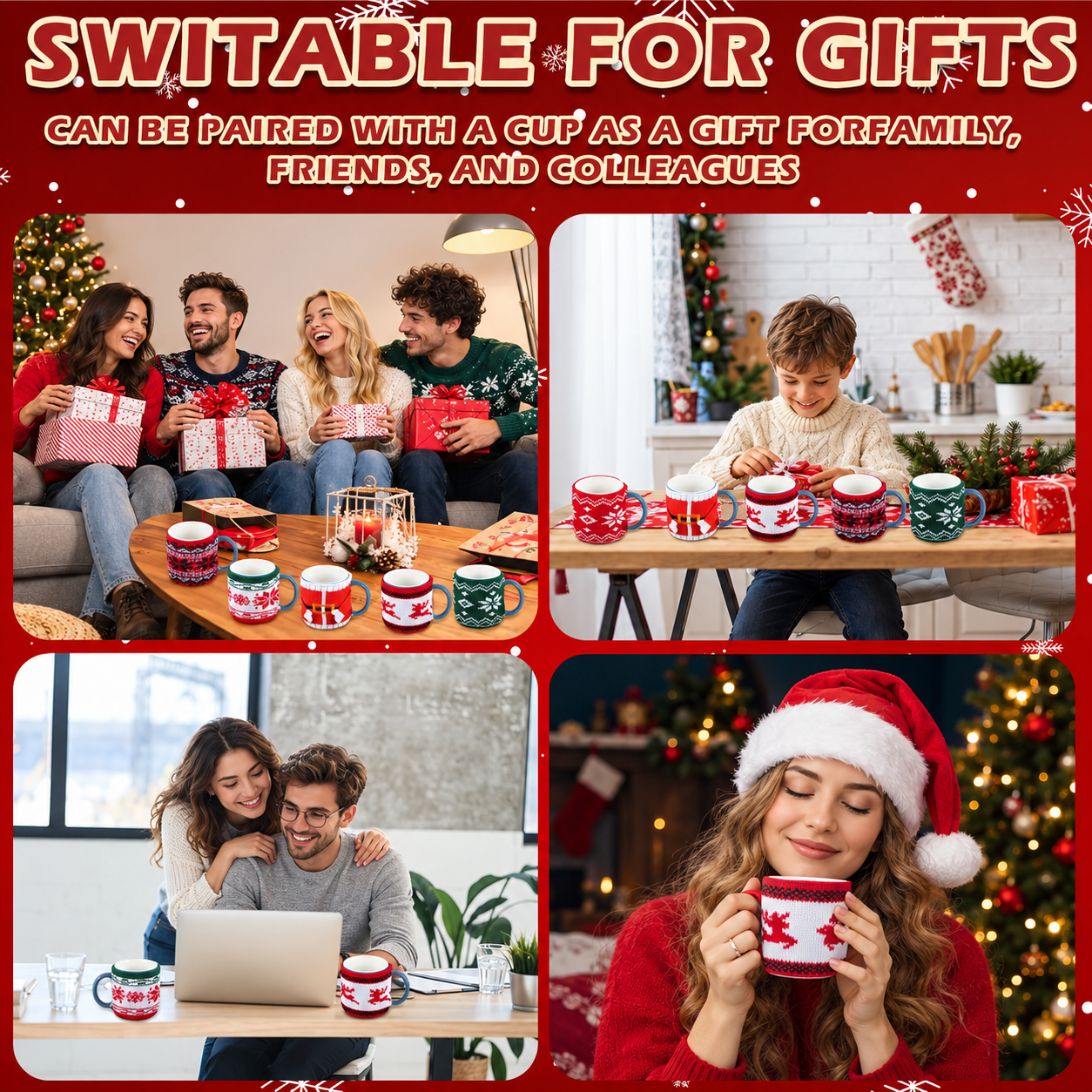 8 Pieces Christmas Coffee Cup Sleeves With Knitted Design