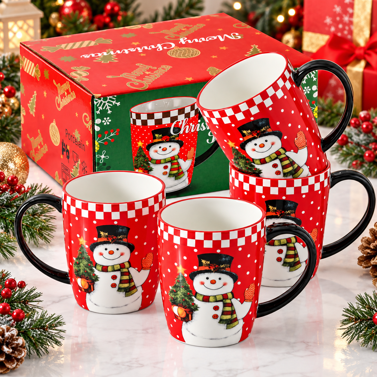 Set Of 4 15Oz Snowman Xmas Mugs For Men And Women