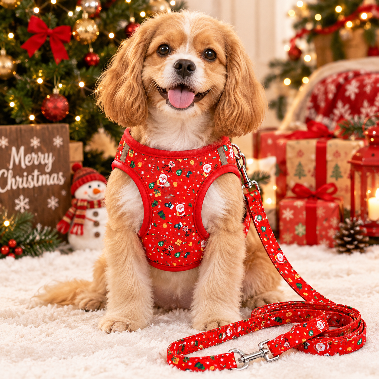 Christmas Dog Harness and Leash Set Reflective No Pull Padded Mesh
