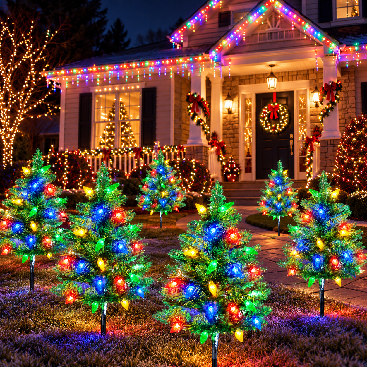 4 Set Solar Christmas Tree Lights for Outdoor Pathway and Garden Decor
