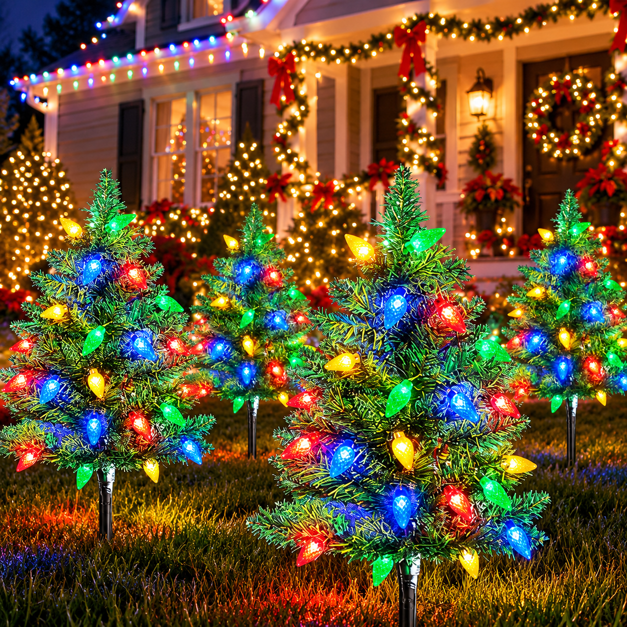 4 Set Solar Christmas Tree Lights for Outdoor Pathway and Garden Decor