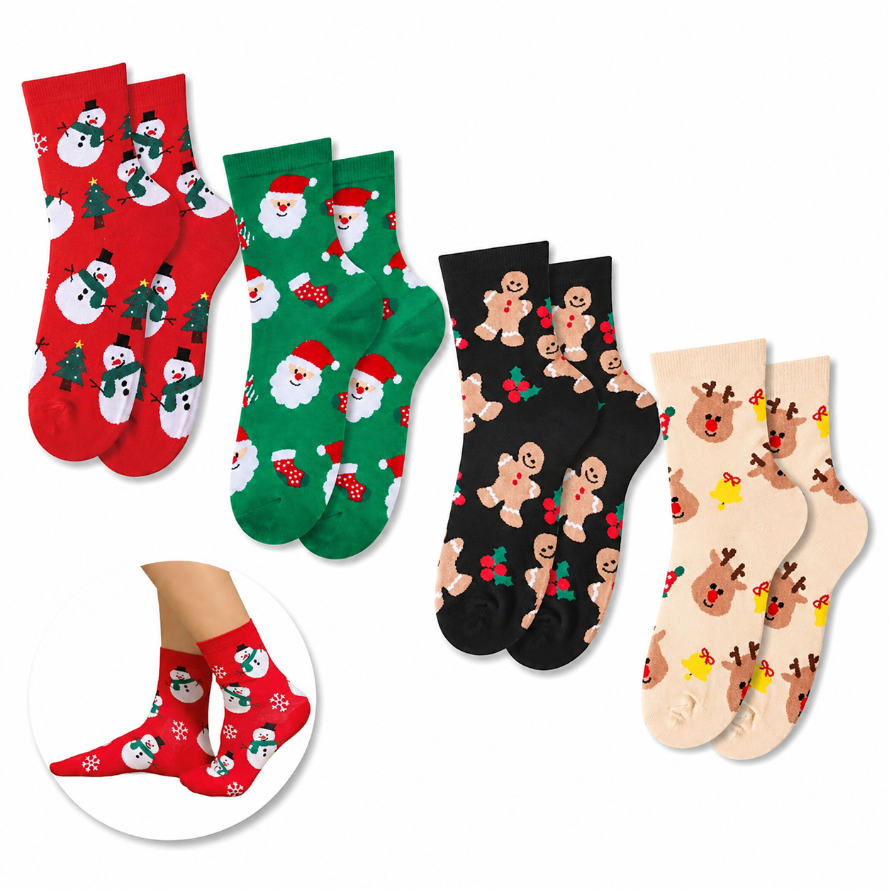 4 Pairs Christmas Santa Socks For Women