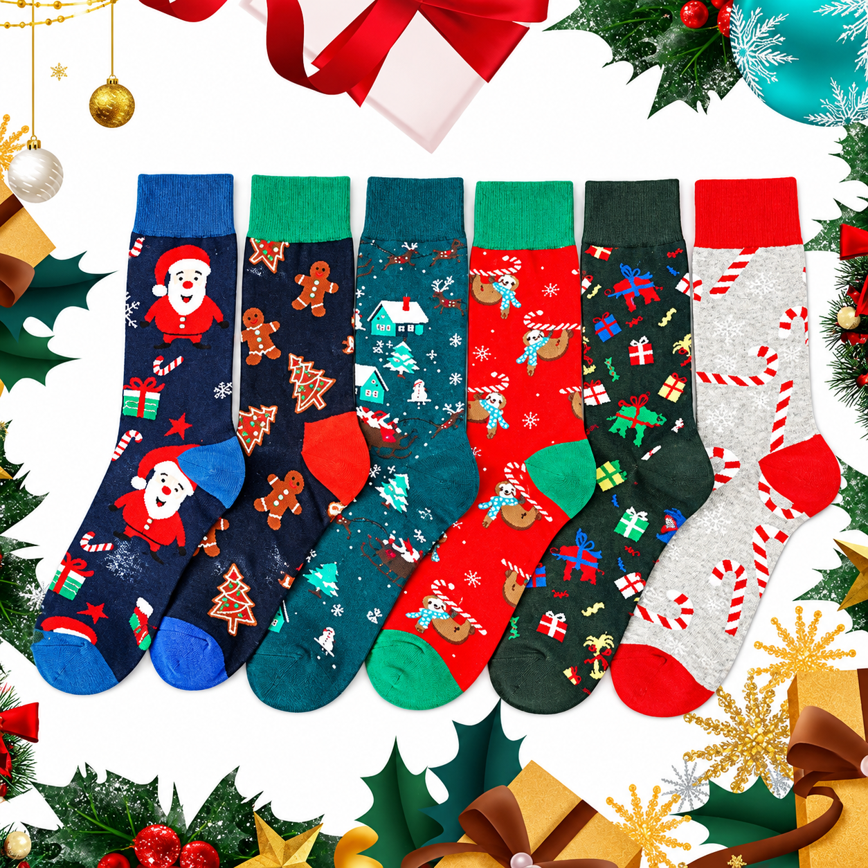6 Pairs Christmas Printed Socks For Men