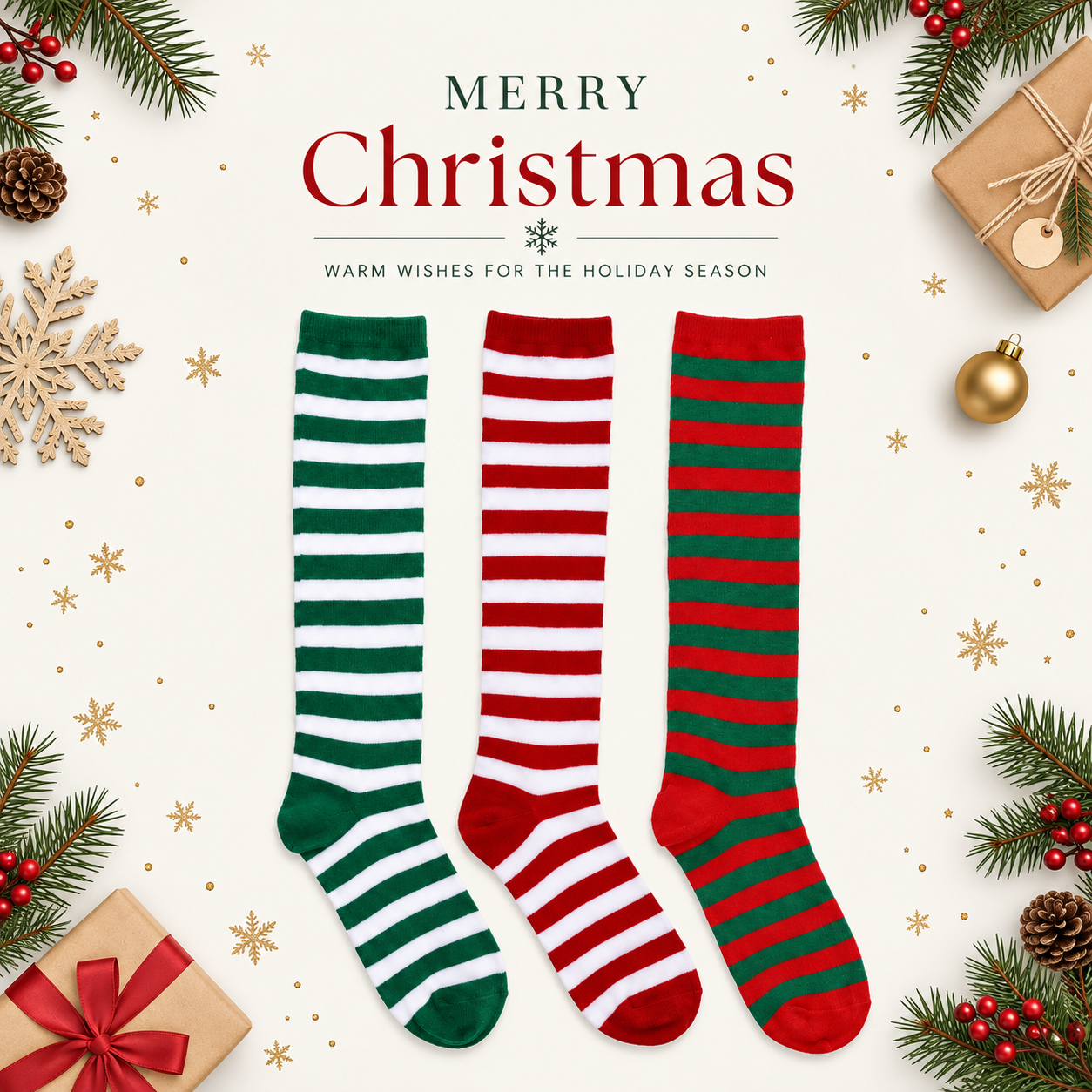 3 Pairs Christmas Long Stripe Socks For Women