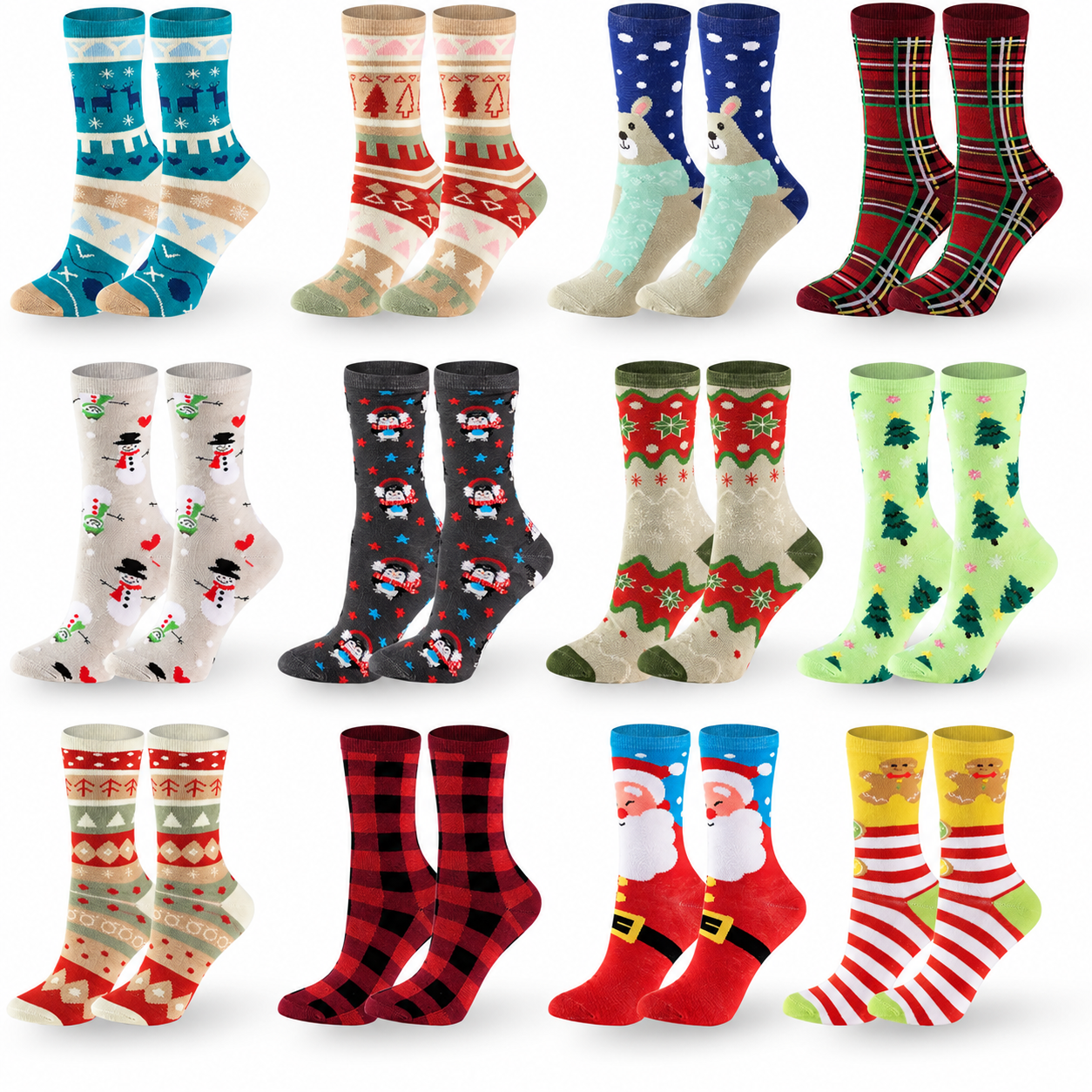 12 Pairs Christmas Printed Crew Socks For Women