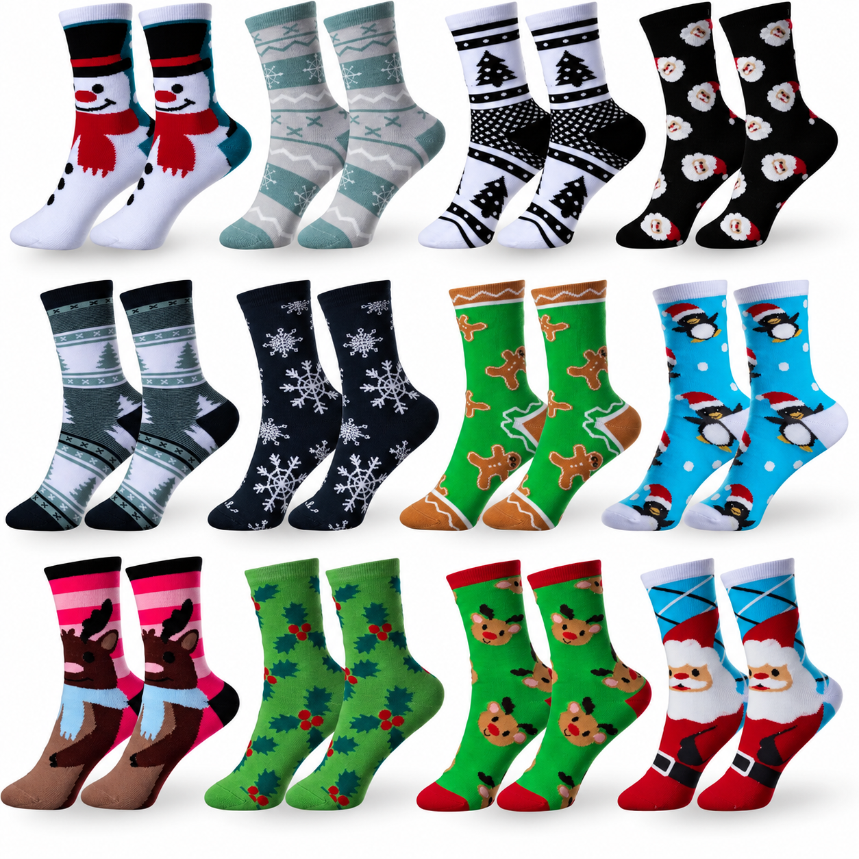 12 Pairs Christmas Printed Crew Socks For Women