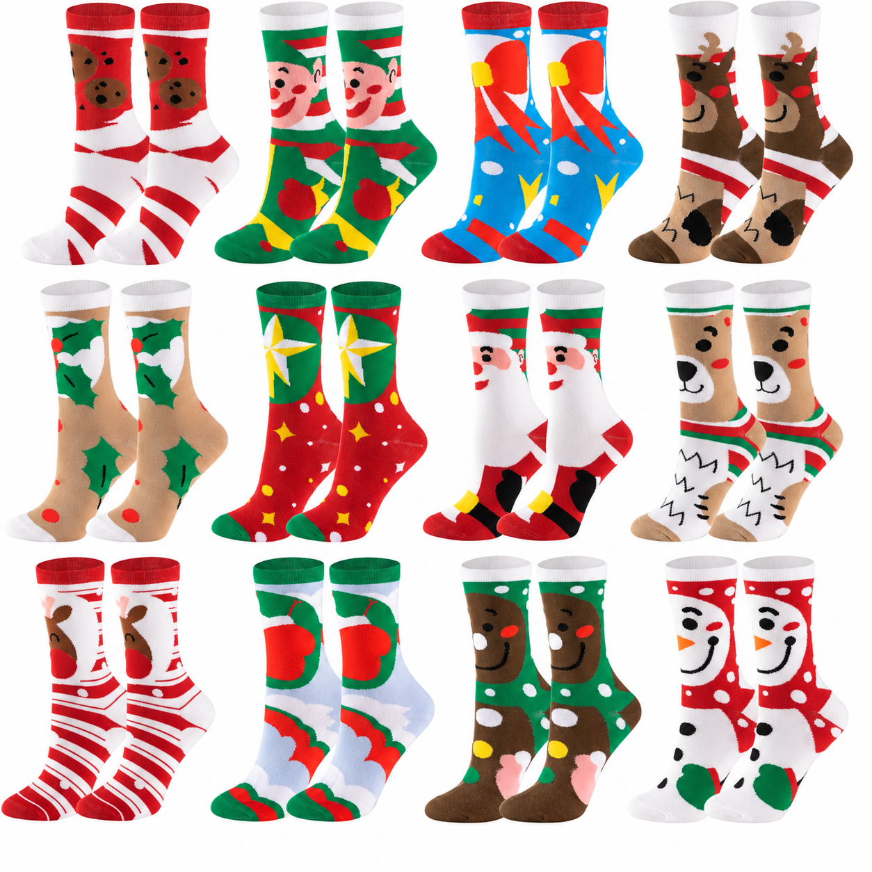 12 Pairs Christmas Printed Crew Socks For Women