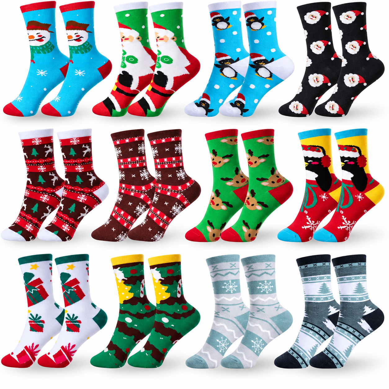 12 Pairs Christmas Printed Crew Socks For Women