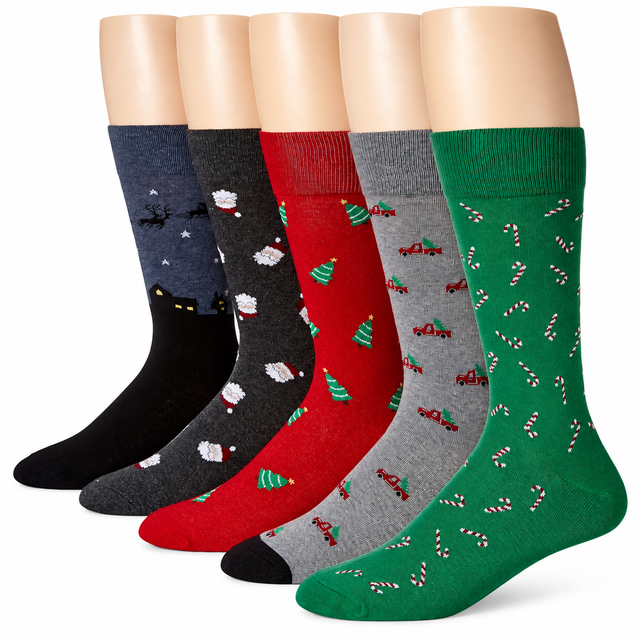 5 Pairs Christmas Patterned Cotton Crew Socks for Men