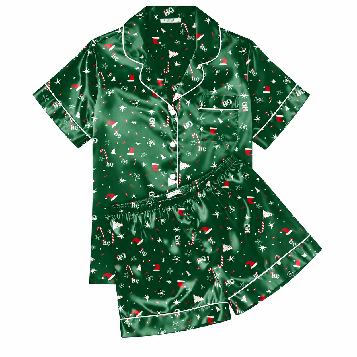 Christmas Silk Satin Pajama Set Short Sleeve Button Up Sleepwear for Women