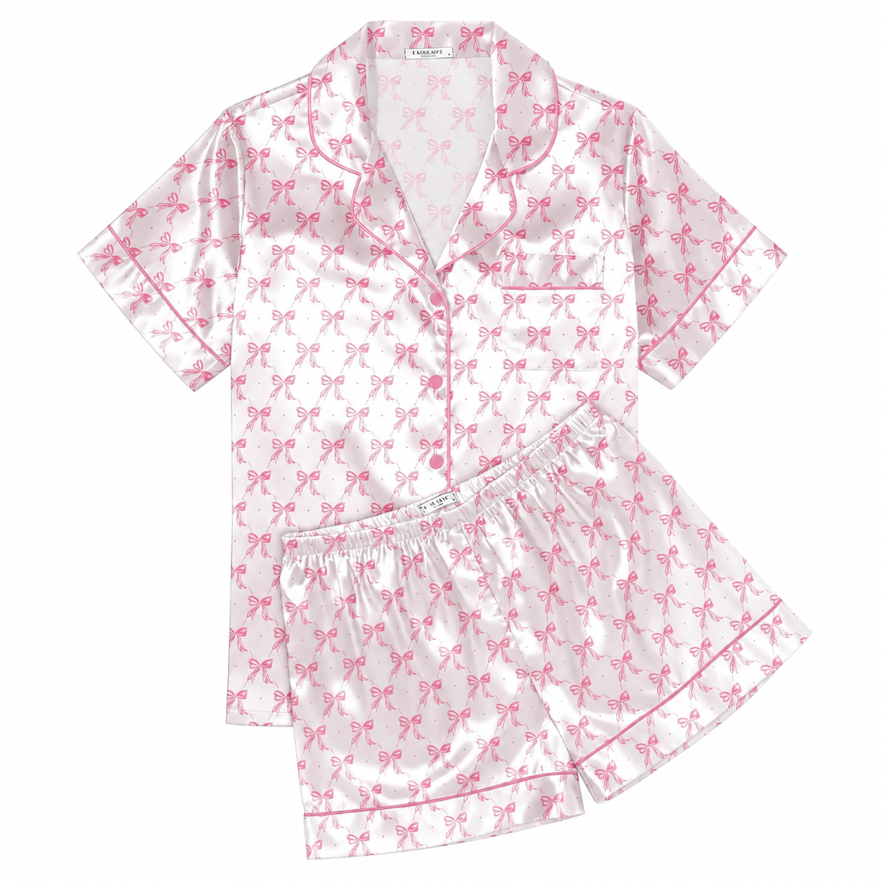 Christmas Silk Satin Pajama Set Short Sleeve Button Up Sleepwear for Women