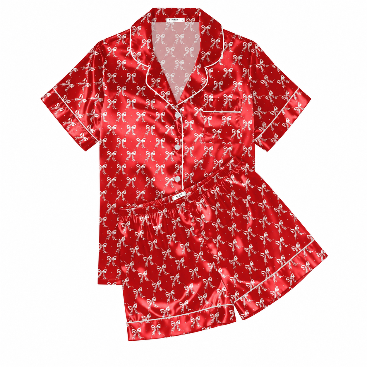 Christmas Silk Satin Pajama Set Short Sleeve Button Up Sleepwear for Women