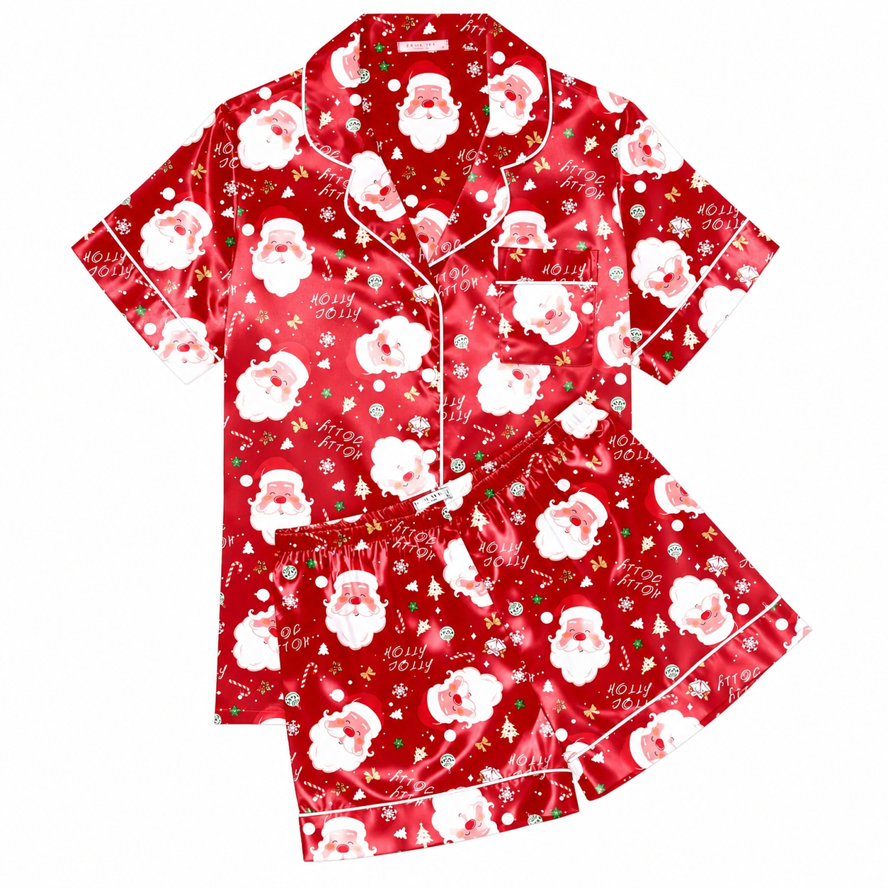 Christmas Silk Satin Pajama Set Short Sleeve Button Up Sleepwear for Women