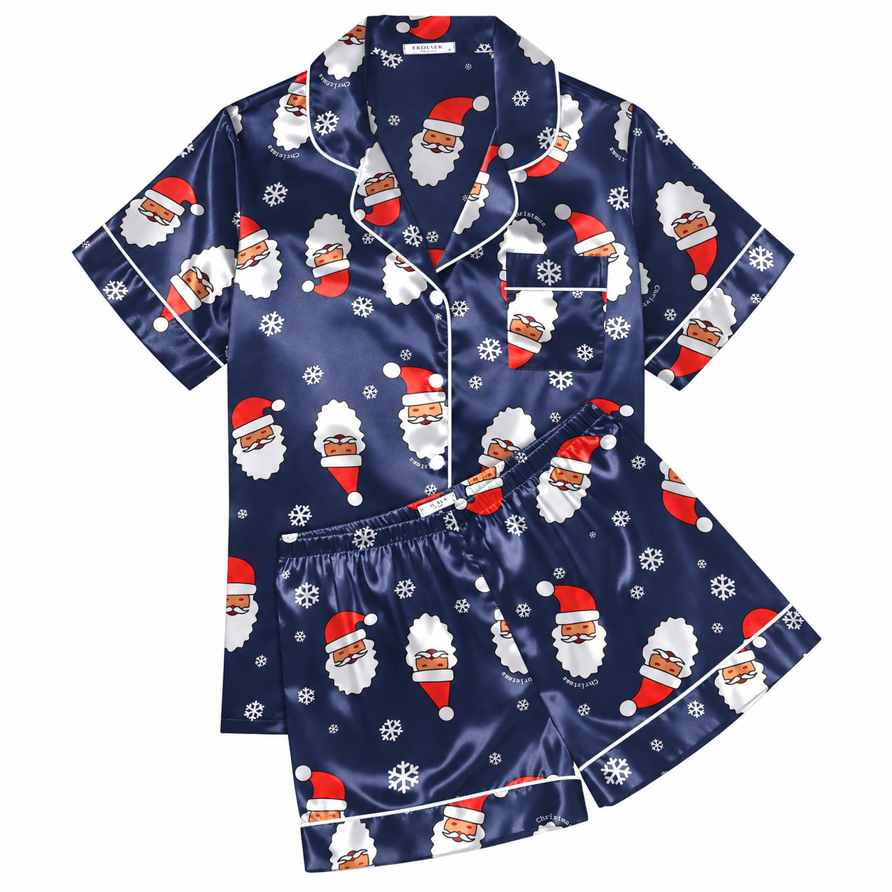 Christmas Silk Satin Pajama Set Short Sleeve Button Up Sleepwear for Women