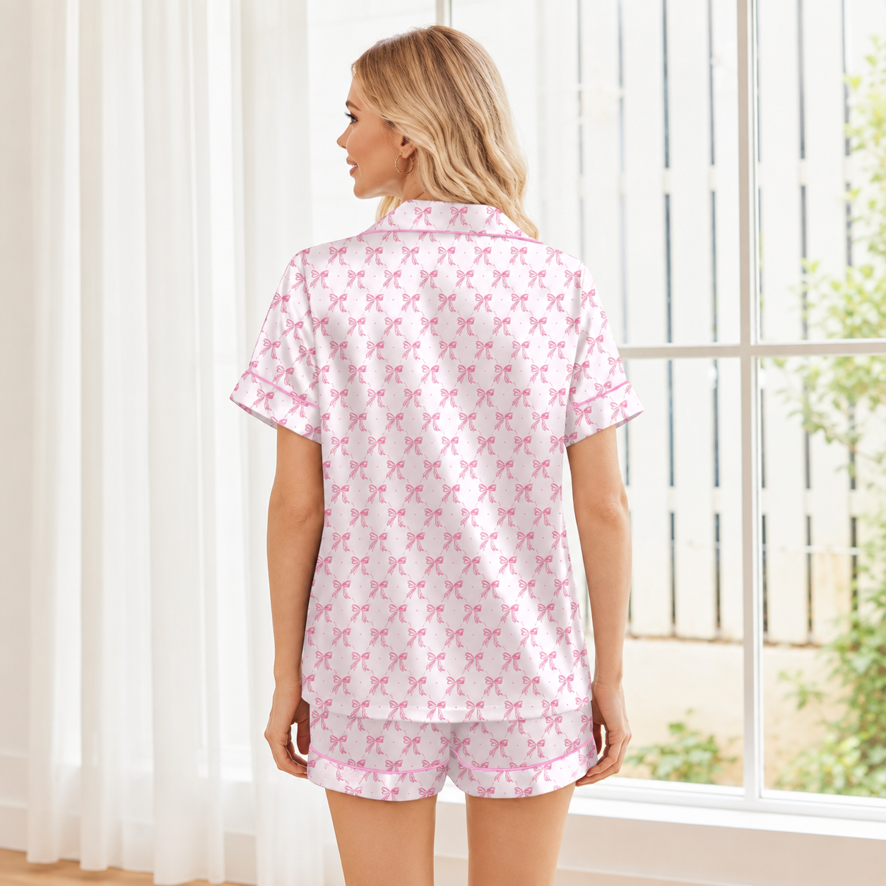 Christmas Silk Satin Pajama Set Short Sleeve Button Up Sleepwear for Women