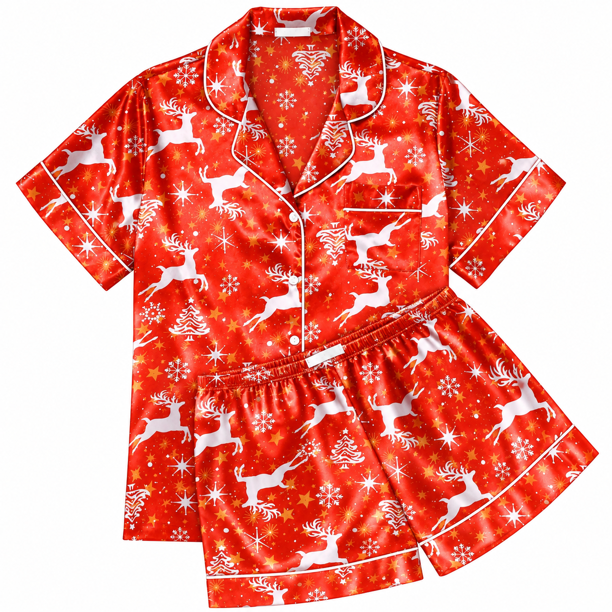 Christmas Silk Satin Pajama Set Short Sleeve Button Up Sleepwear for Women