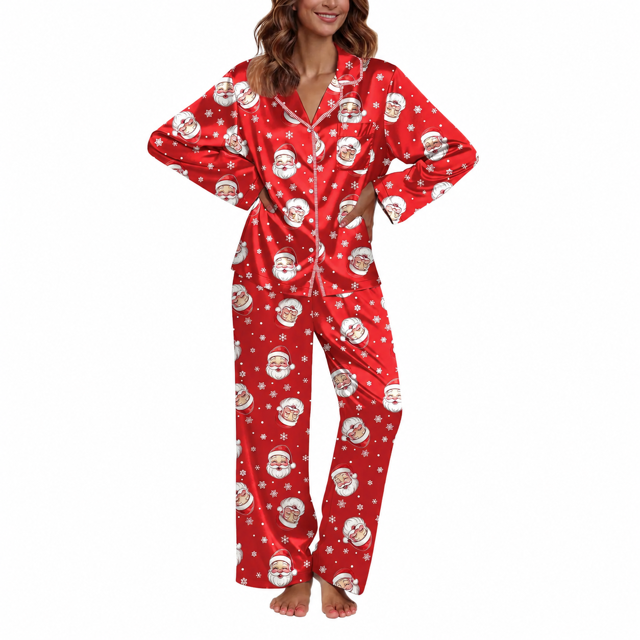 Casual Long Sleeve Button Down Pajama Set For Women
