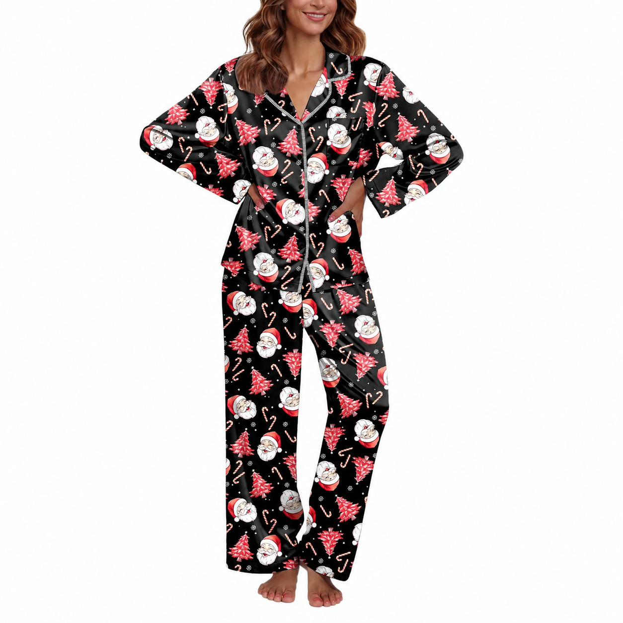 Casual Long Sleeve Button Down Pajama Set For Women