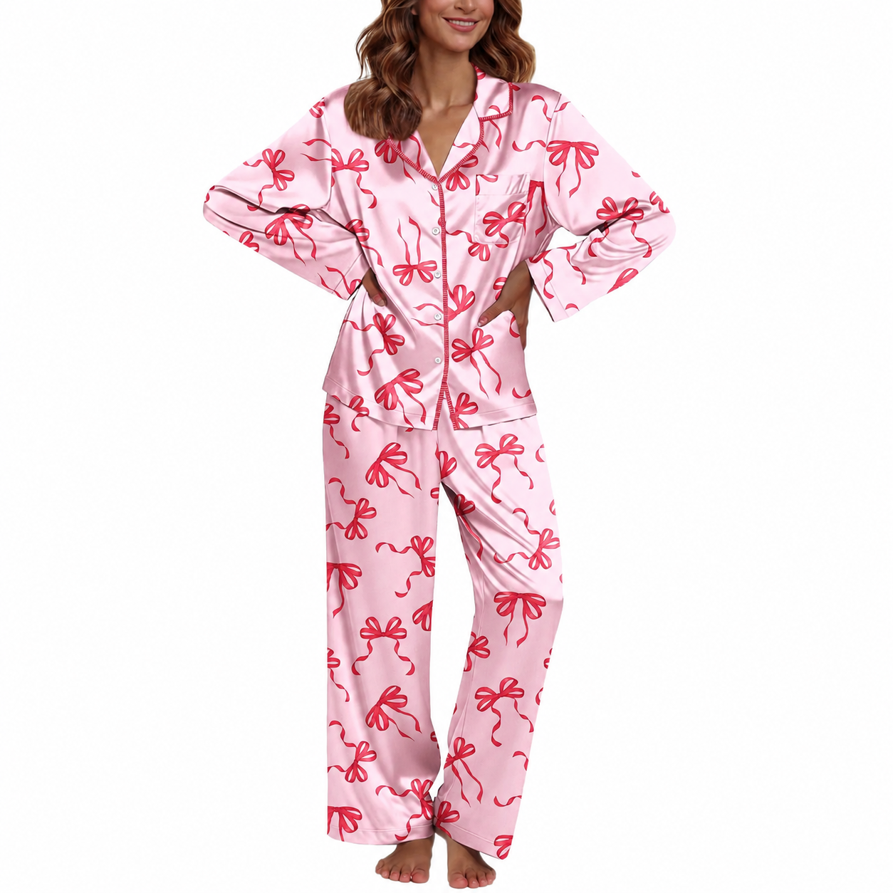 Casual Long Sleeve Button Down Pajama Set For Women