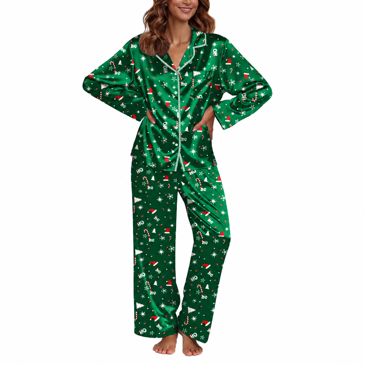Casual Long Sleeve Button Down Pajama Set For Women