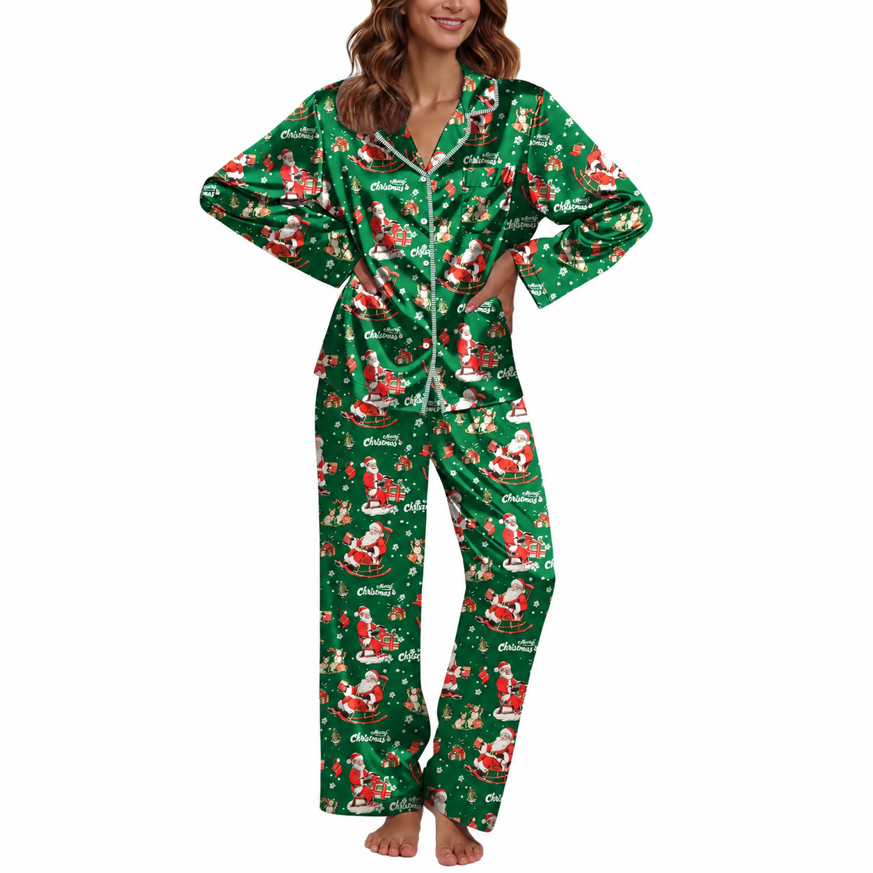 Casual Long Sleeve Button Down Pajama Set For Women