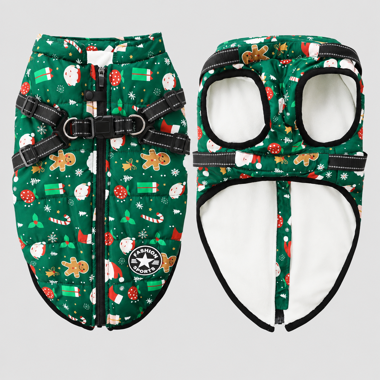 Christmas Windproof Waterproof Fleece Dog Jacket with Adjustable Belt