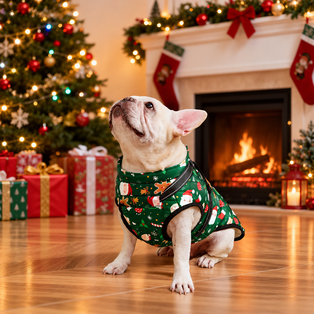Christmas Windproof Waterproof Fleece Dog Jacket with Adjustable Belt