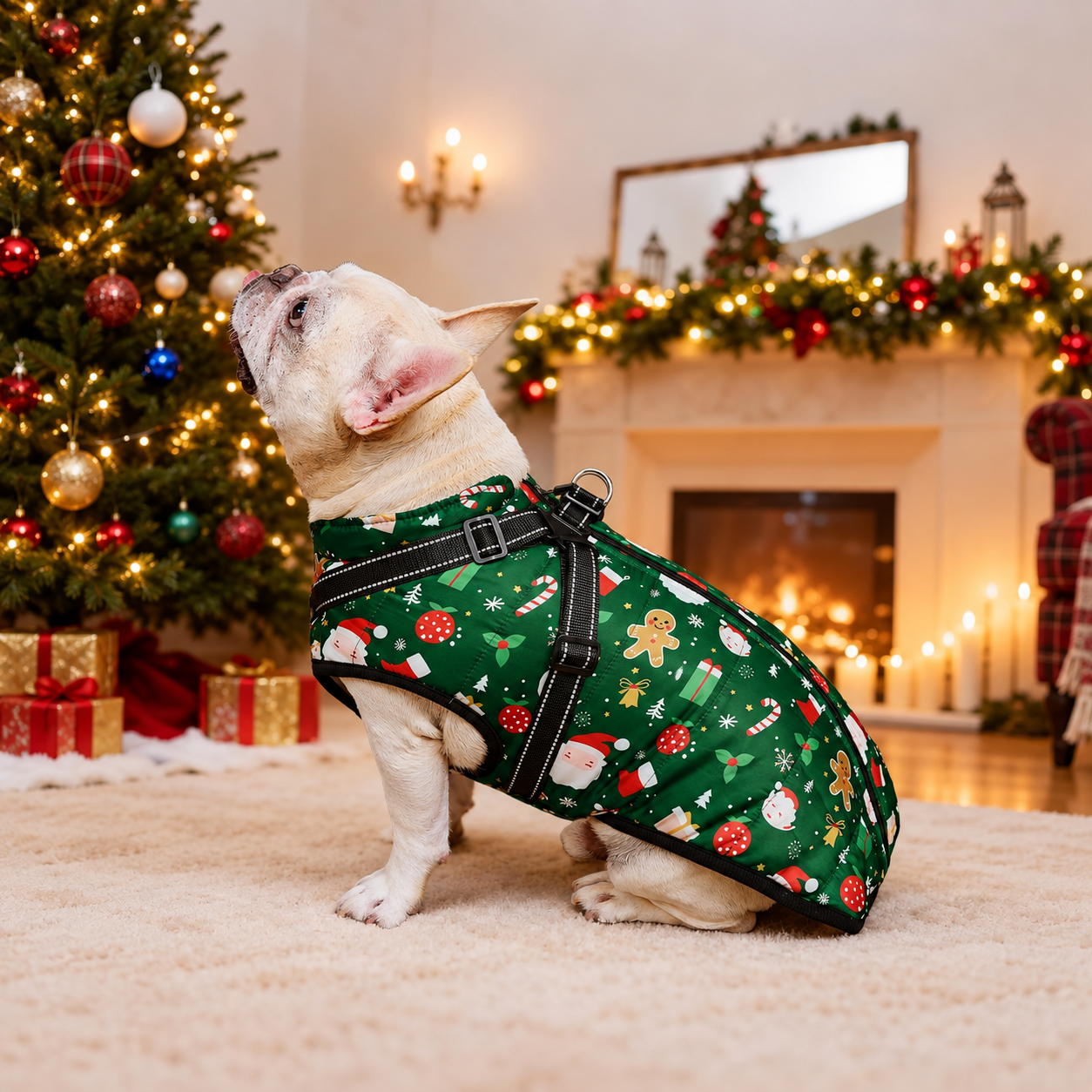 Christmas Windproof Waterproof Fleece Dog Jacket with Adjustable Belt