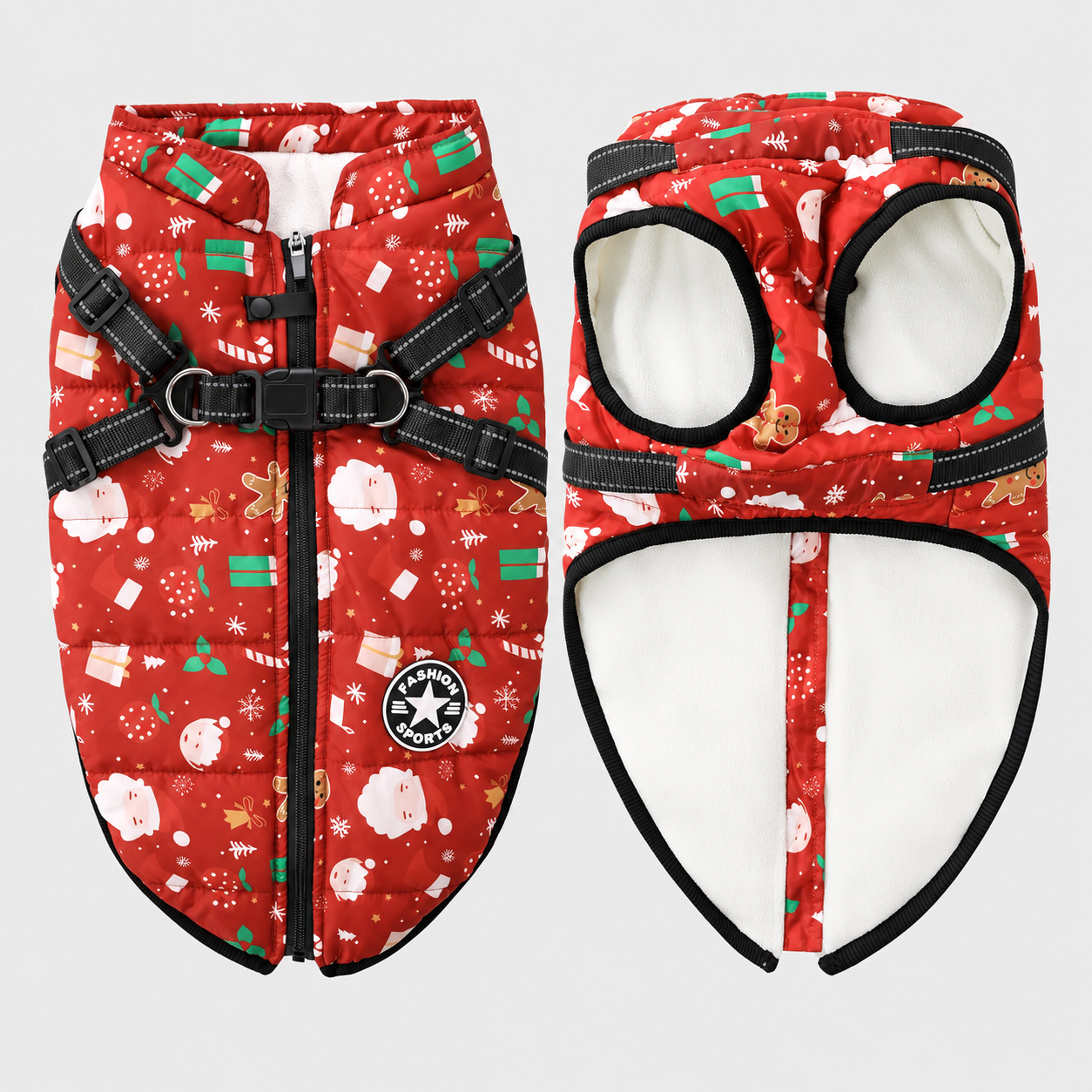 Christmas Windproof Waterproof Fleece Dog Jacket with Adjustable Belt
