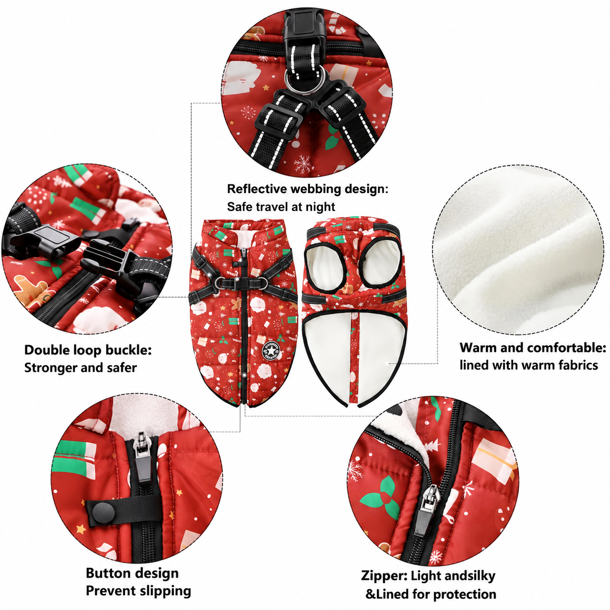 Christmas Windproof Waterproof Fleece Dog Jacket with Adjustable Belt