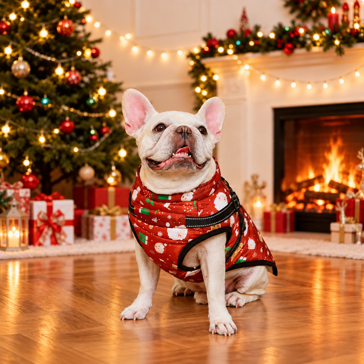 Christmas Windproof Waterproof Fleece Dog Jacket with Adjustable Belt