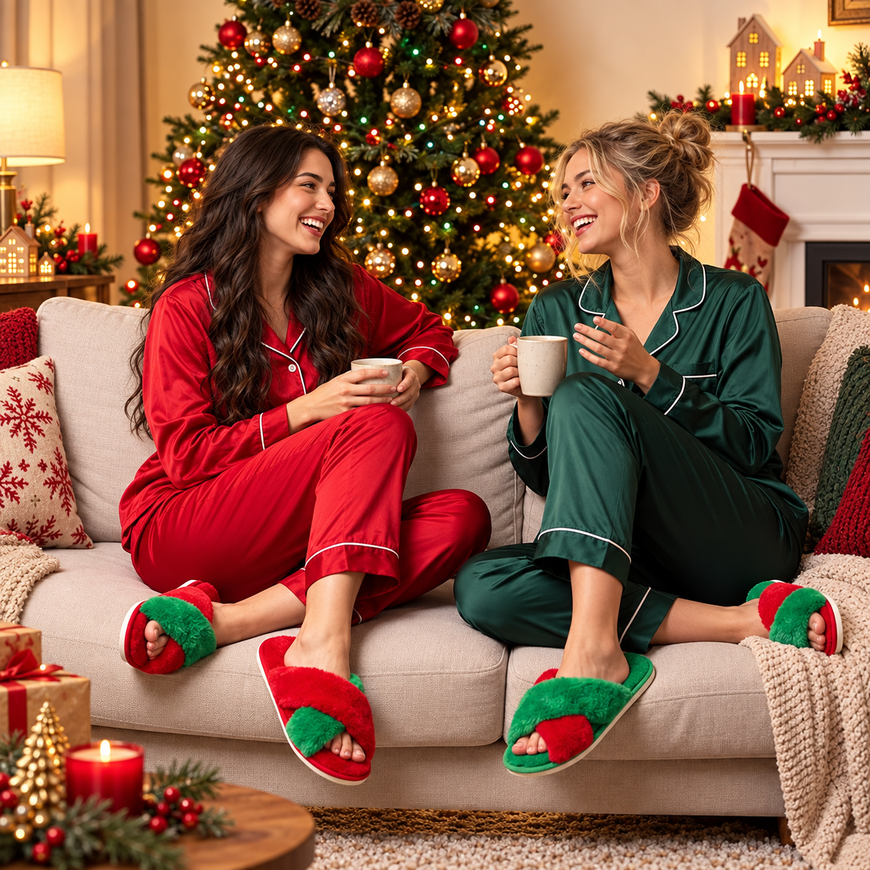 2 Pair Of Christmas Fuzzy Indoor Slippers For Women