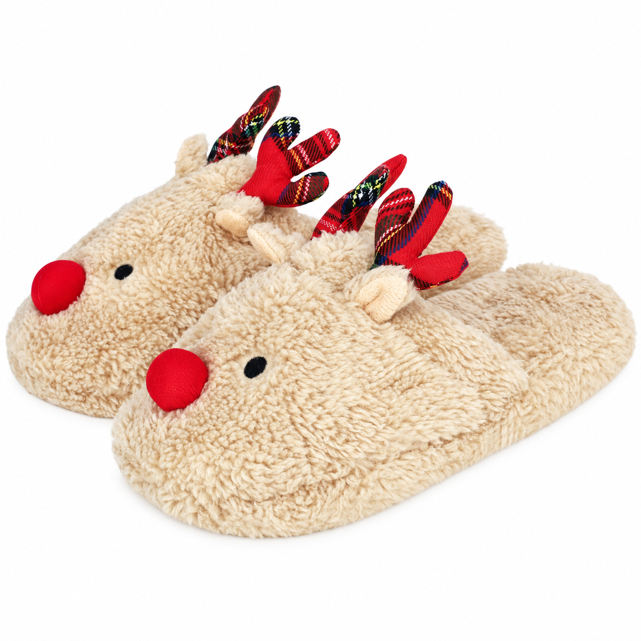 Christmas Reindeer Antler Themed Plush Fuzzy Warm Indoor Slippers For Women