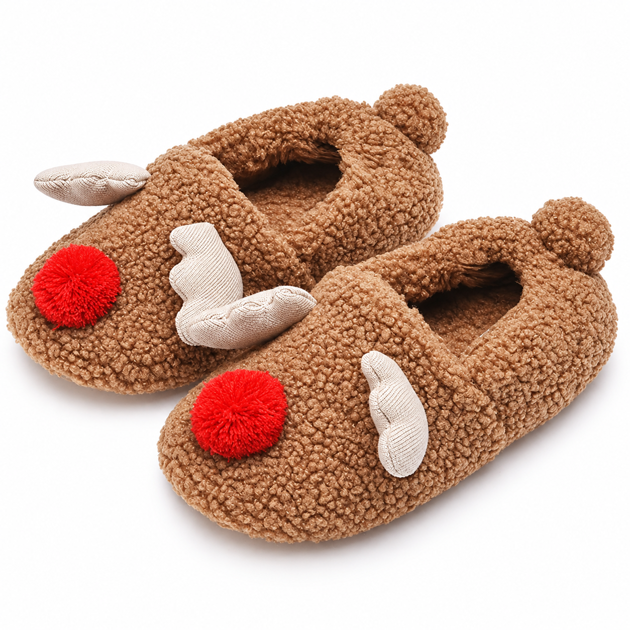 Christmas Reindeer Antler Themed Plush Fuzzy Warm Indoor Slippers For Women