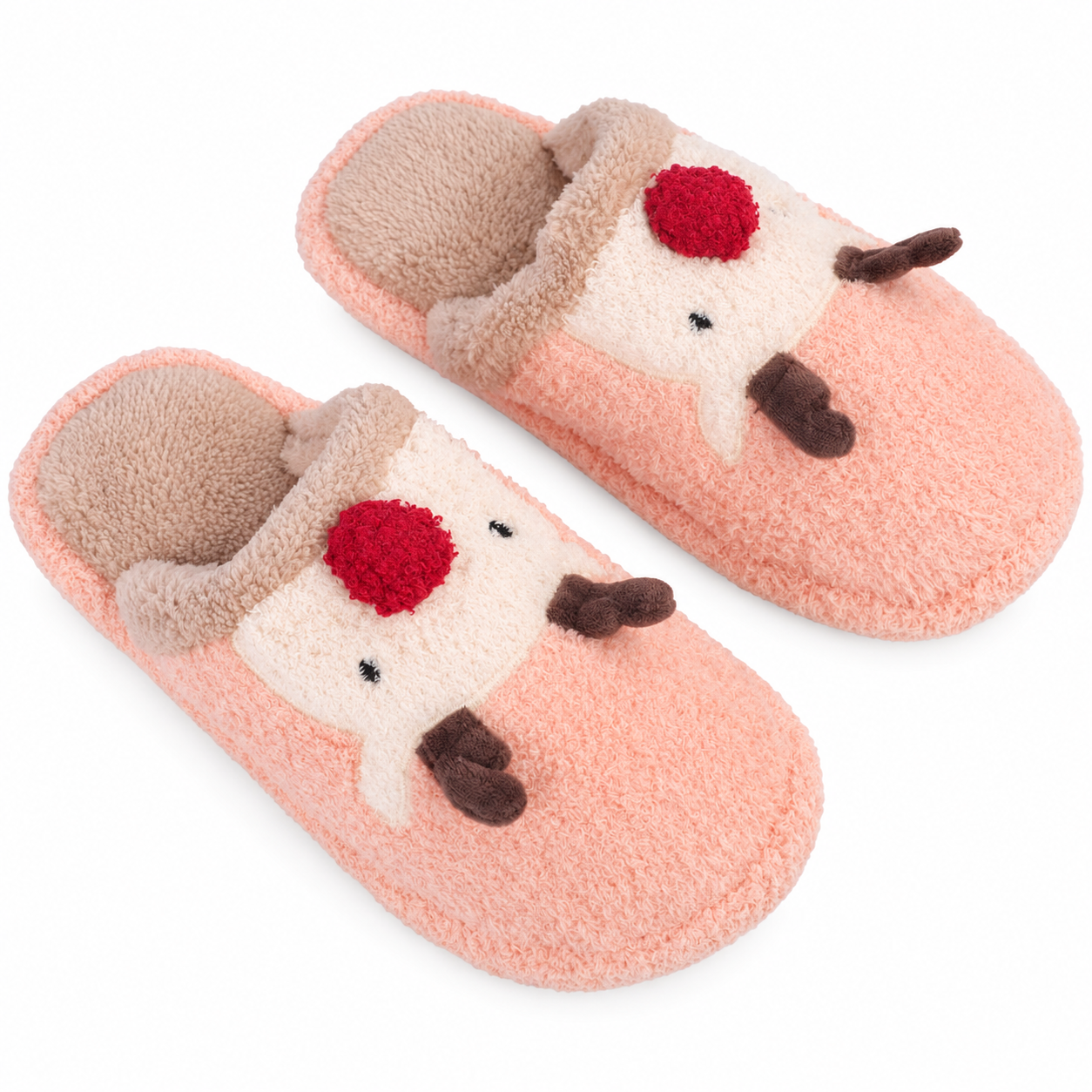 Christmas Reindeer Antler Themed Plush Fuzzy Warm Indoor Slippers For Women