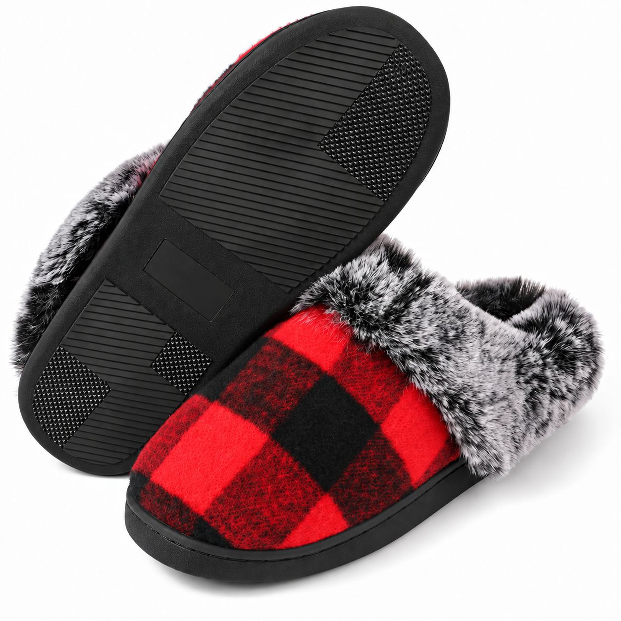 Christmas Checkered Themed Non Slip Fuzzy Faux Fur Indoor Slippers For Men And Women