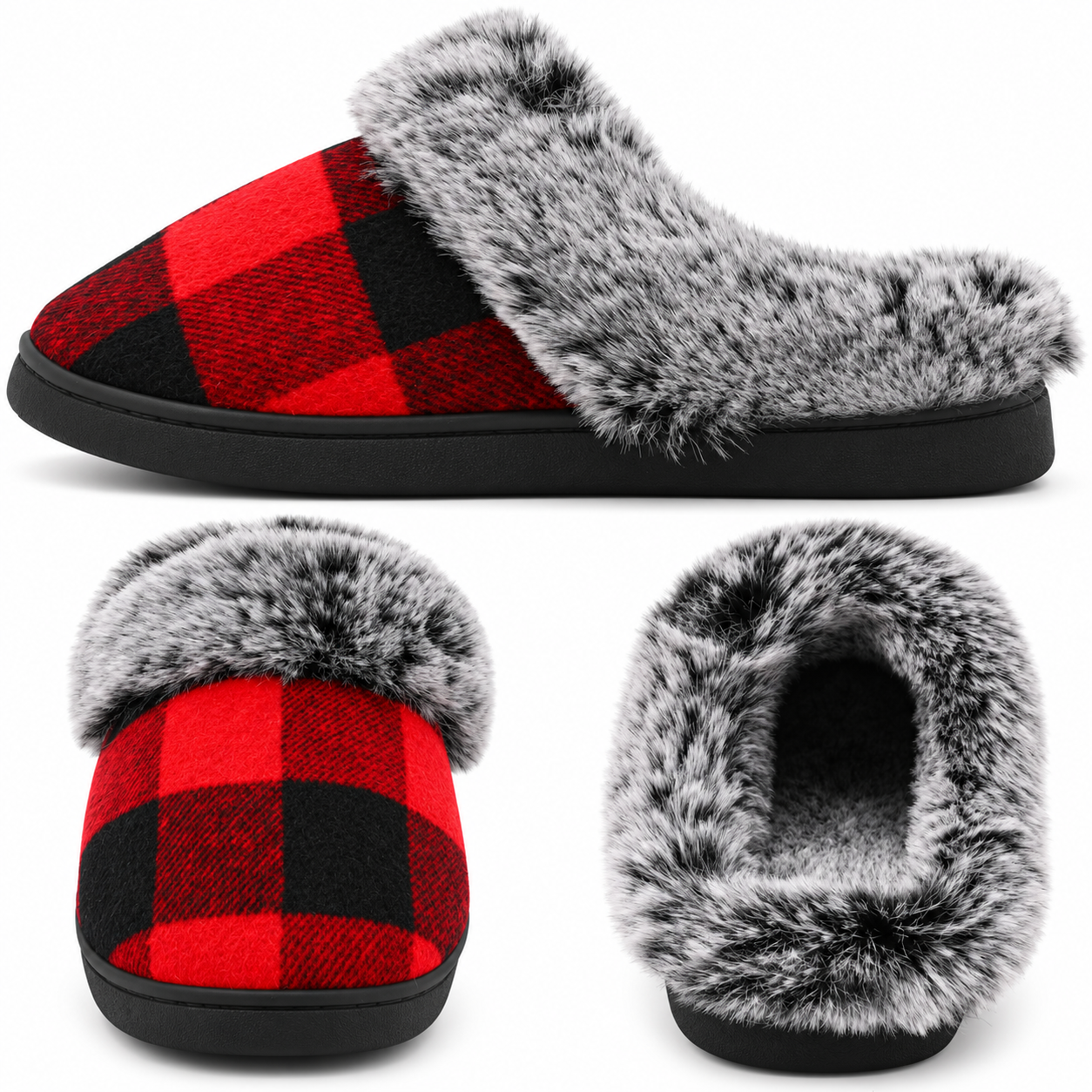 Christmas Checkered Themed Non Slip Fuzzy Faux Fur Indoor Slippers For Men And Women