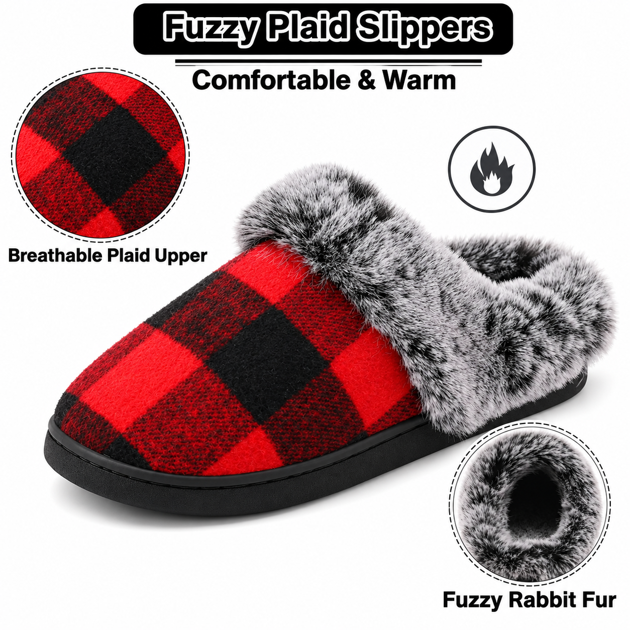 Christmas Checkered Themed Non Slip Fuzzy Faux Fur Indoor Slippers For Men And Women
