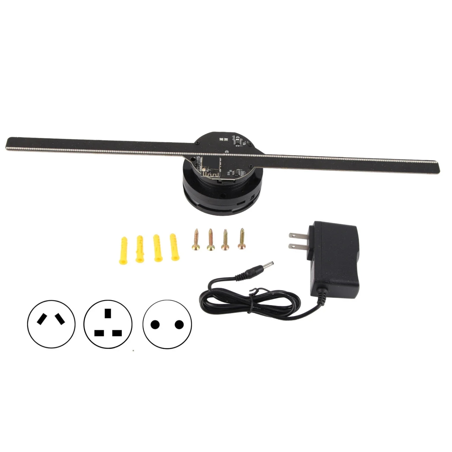 LED hologram fan unit shown flat with full blade spread and motor hub visible, power cable included, white background