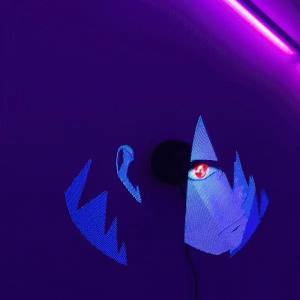 LED hologram fan mounted on a ceiling in a dark room projecting a blue ghost hologram, neon strip light visible in the background