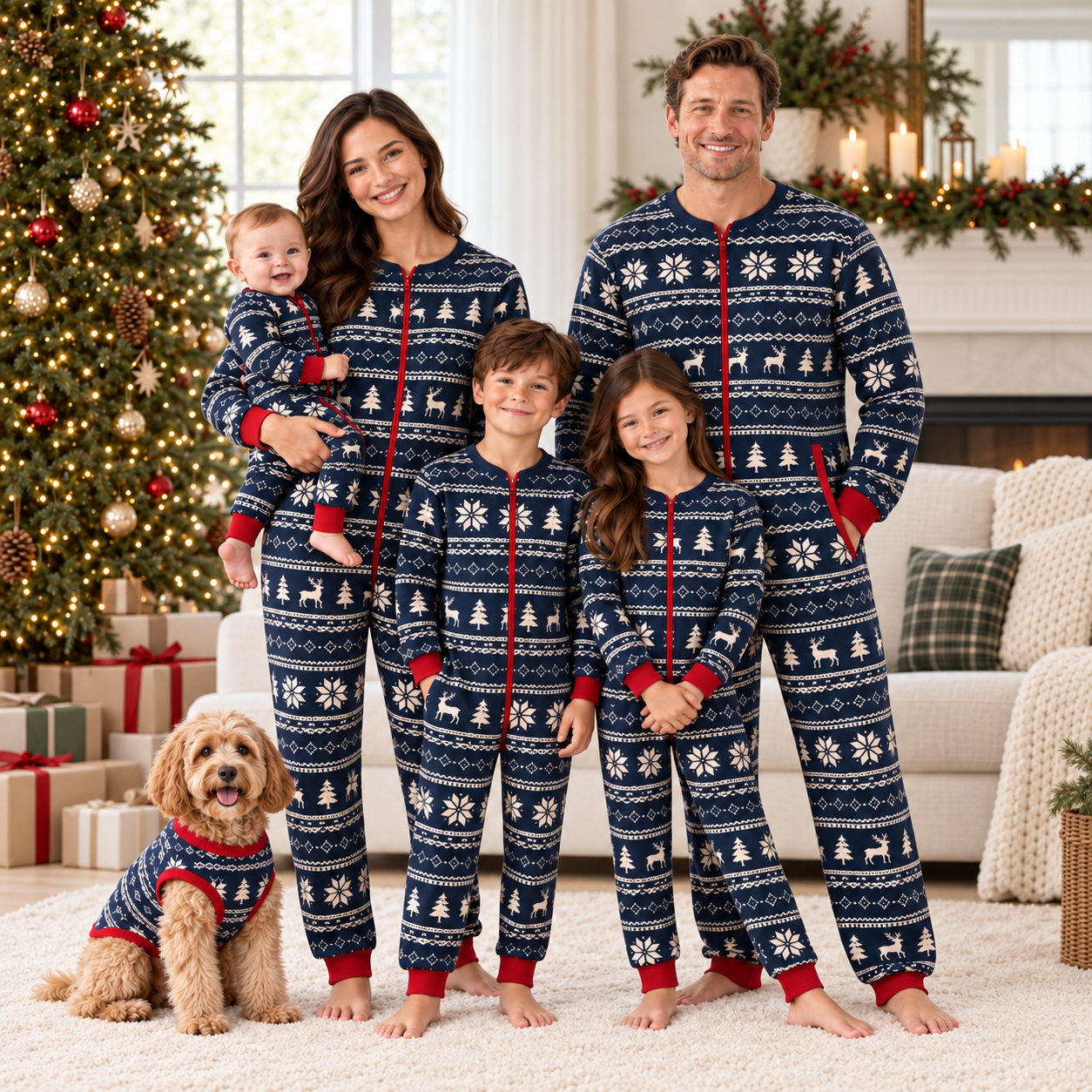 Christmas family matching pajama set with navy Fair Isle zip-front onesie: family of five and dog, studio photo