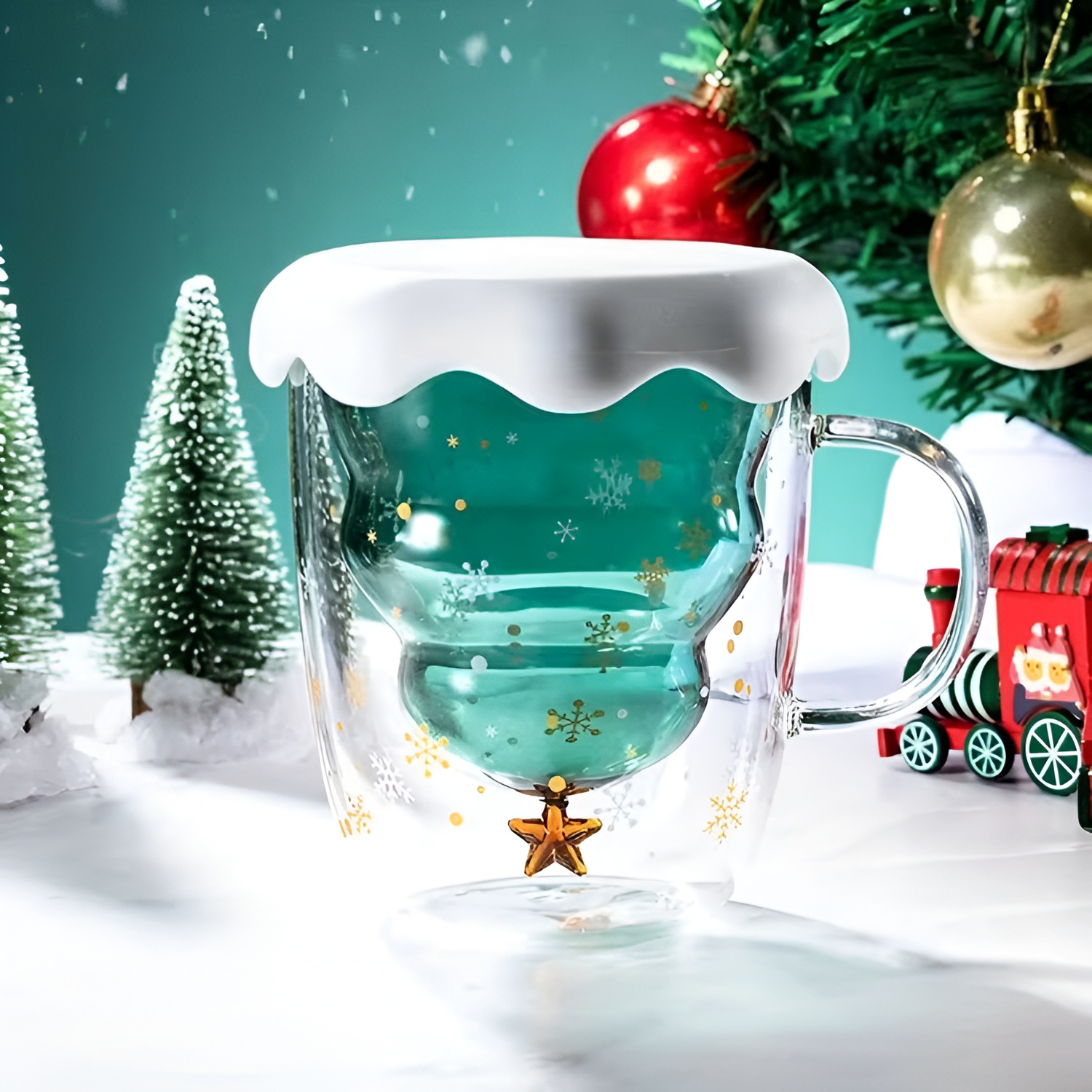Christmas Glass Mug With Star And Snowflake Design