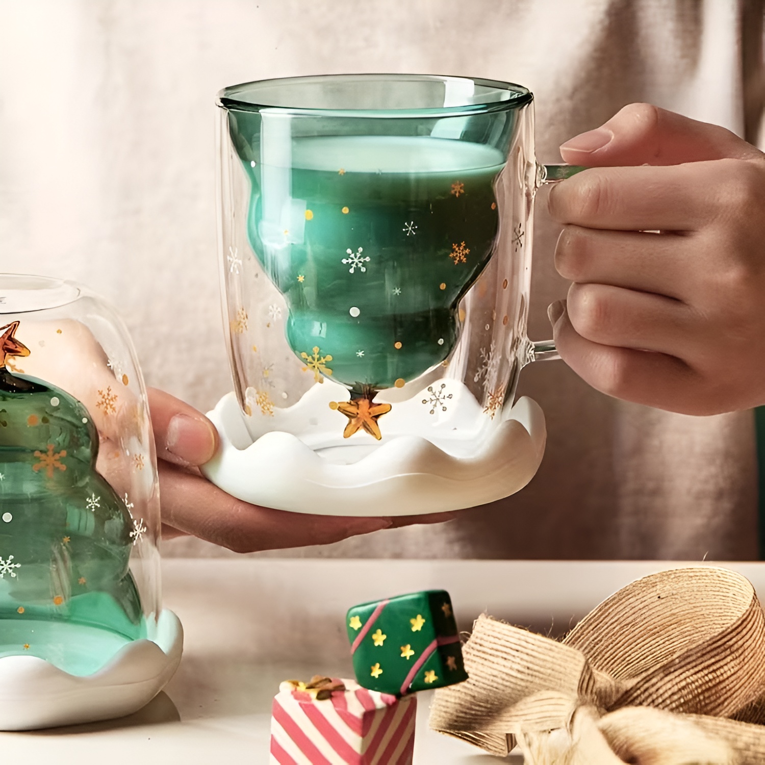 Christmas Glass Mug With Star And Snowflake Design