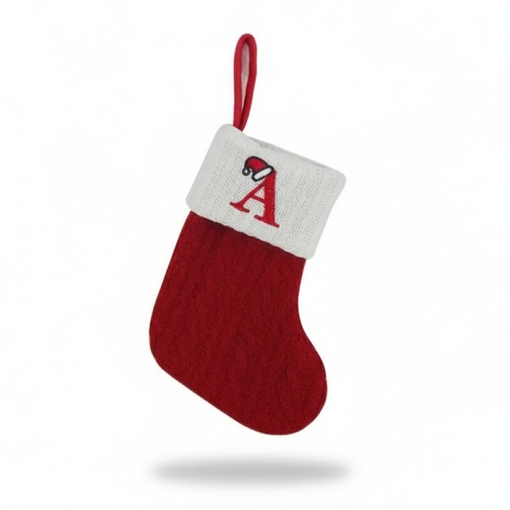 Christmas Knitted Stocking With Letter Print And Hanging Rope For Tree And Gifts