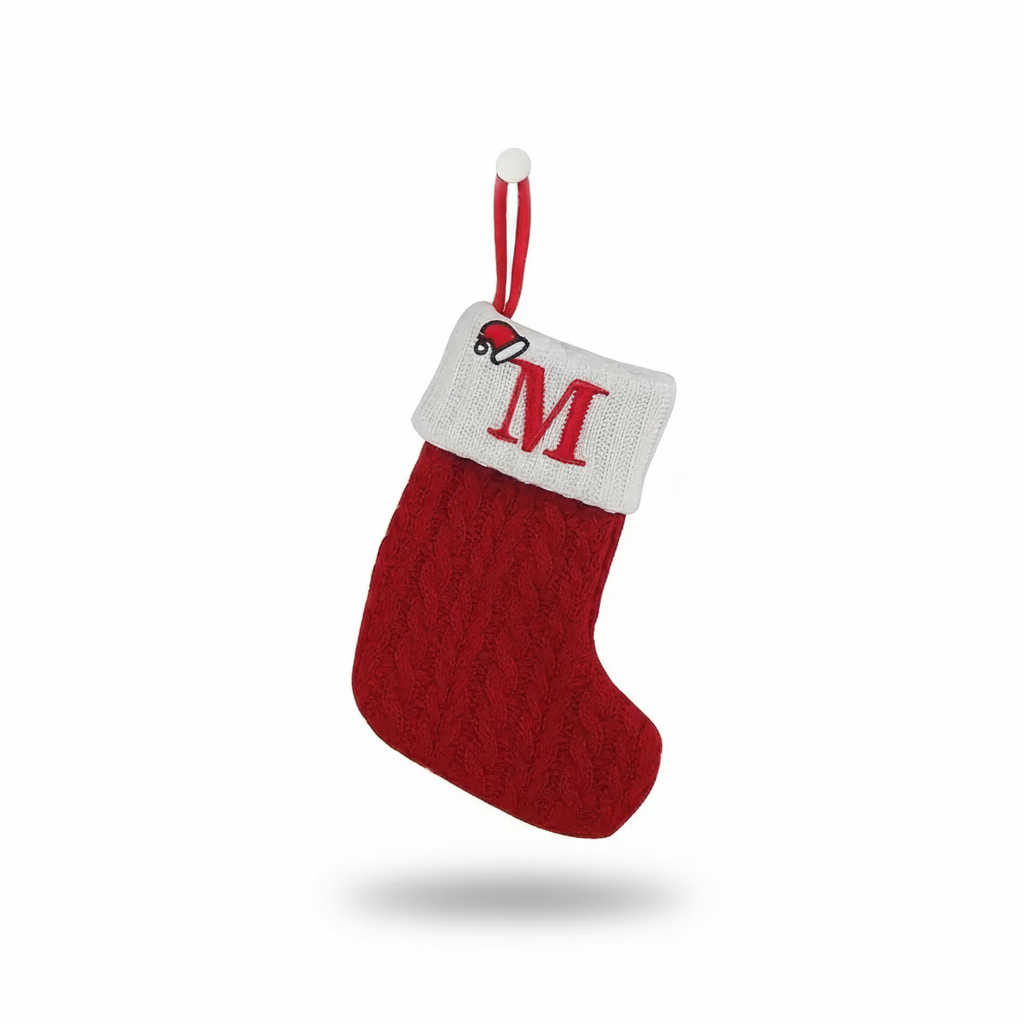 Christmas Knitted Stocking With Letter Print And Hanging Rope For Tree And Gifts
