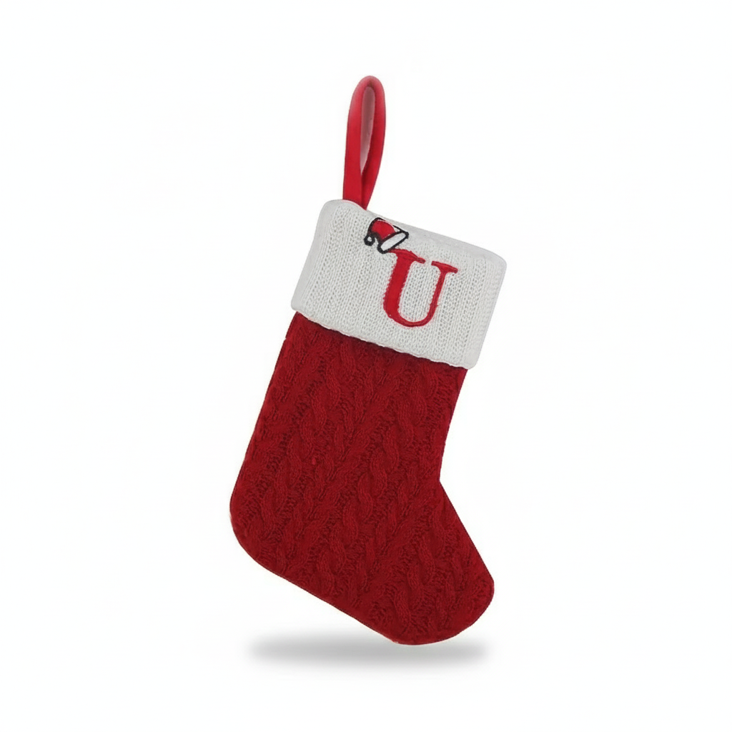 Christmas Knitted Stocking With Letter Print And Hanging Rope For Tree And Gifts