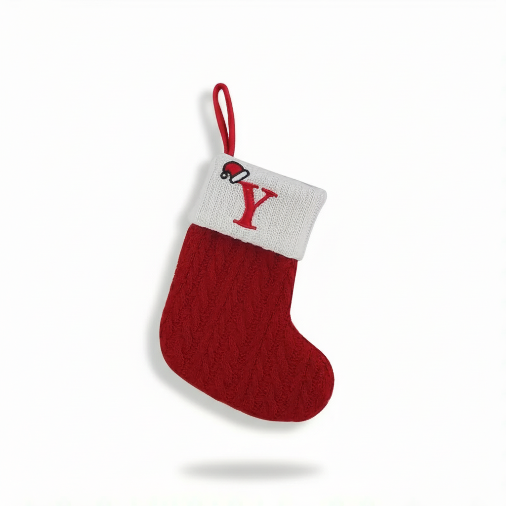 Christmas Knitted Stocking With Letter Print And Hanging Rope For Tree And Gifts